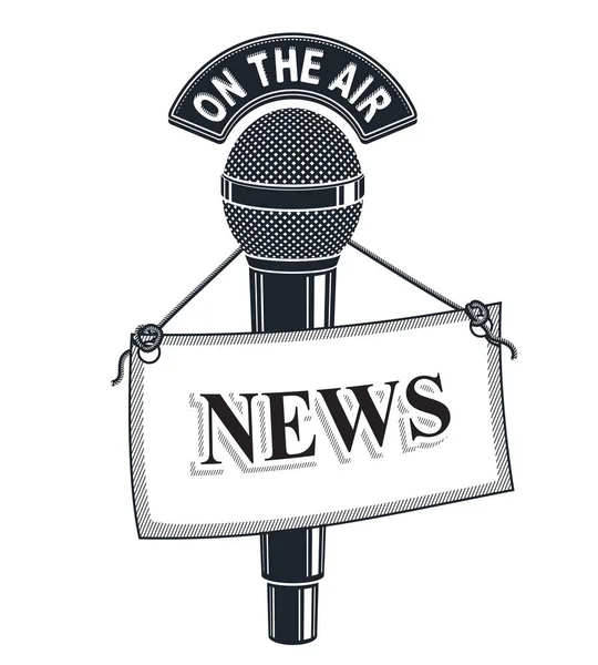 Simbolo Vettoriale Microfono Isolato Bianco Con Tag News Concetto Reportage — Vettoriale Stock