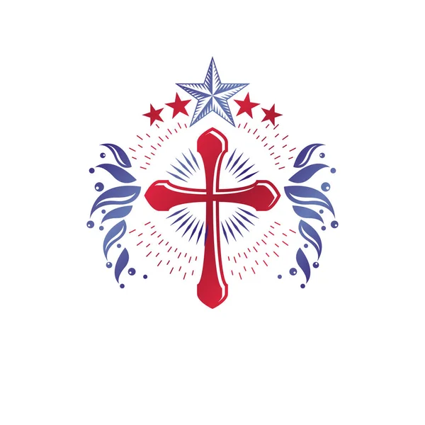 Cruz Religiosa Emblema Vintage Creado Con Estrella Pentagonal Adorno Floral — Vector de stock
