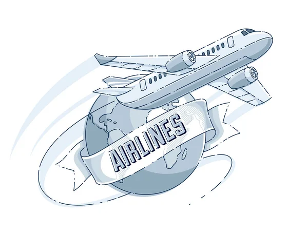 航空公司航空旅行徽章与行星地球和丝带与键入 白色背景下的美丽细线矢量 — 图库矢量图片