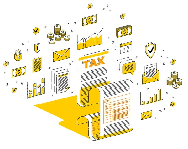 白い背景に隔離された税制上の概念 税務フォームまたは紙の法的文書 アイコン 統計表 デザイン要素と等価3Dベクトルファイナンスイラスト — ストックベクタ