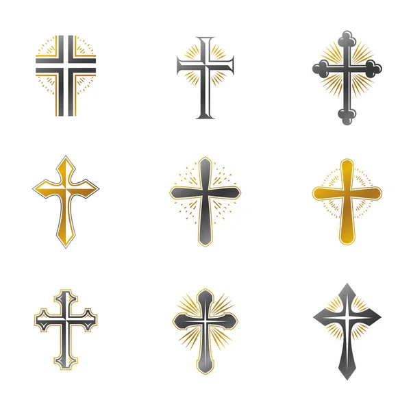 Croci Emblemi Religiosi Impostati Stemma Araldico Collezione Loghi Vettoriali Vintage — Vettoriale Stock