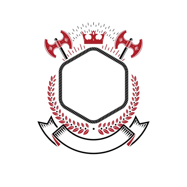 Emblema Grafico Composto Elemento Corona Reale Asce Nastro Lusso Stemma — Vettoriale Stock