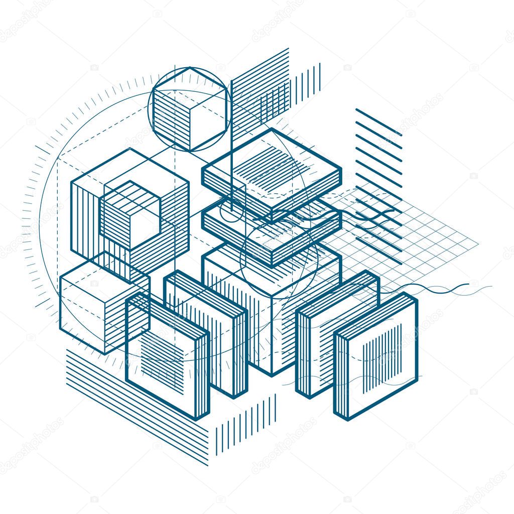 3d abstract vector isometric background. Layout of cubes, hexagons, squares, rectangles and abstract elements.