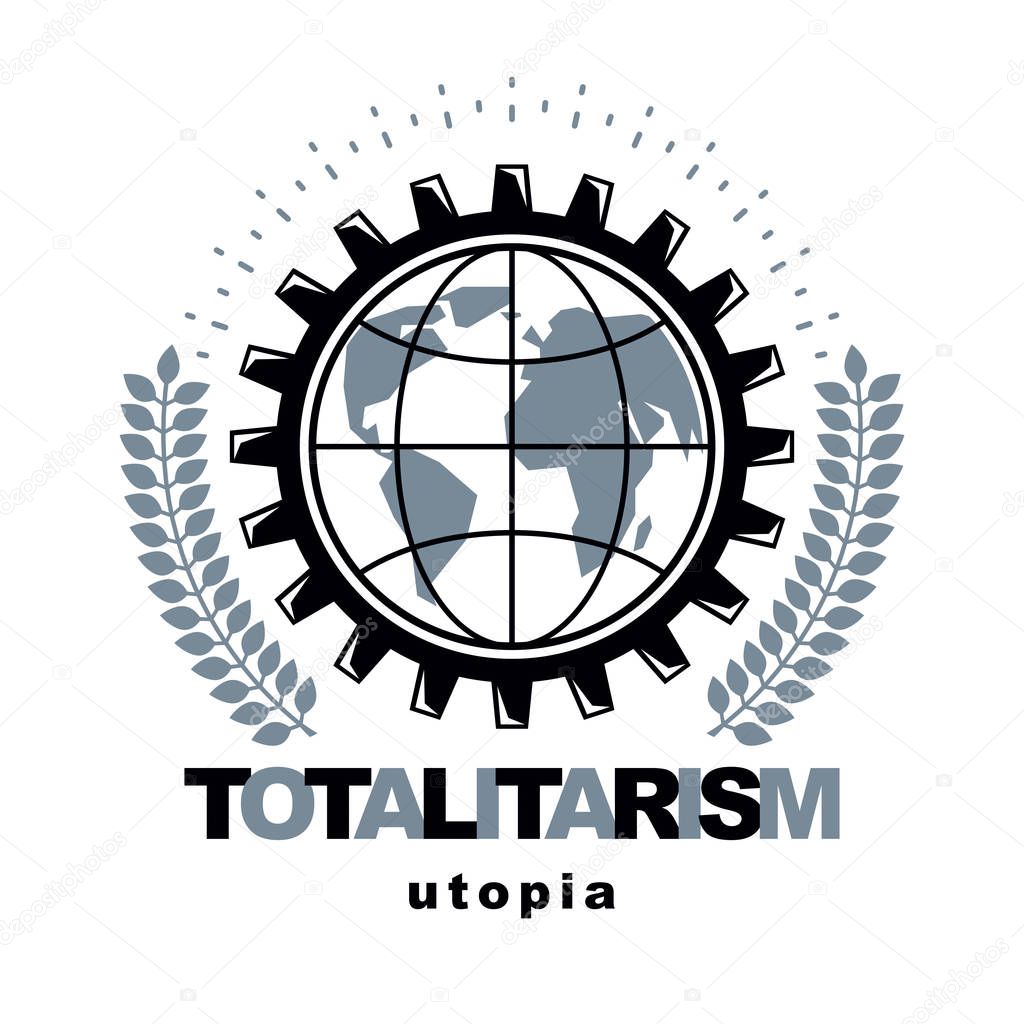 Vector emblem composed using Earth globe surrounded with industrial gear and decorated using laurel wreath. Proletarian revolution abstract symbol, socialism concept.