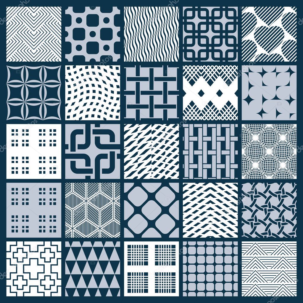 Set of vector endless geometric patterns composed with rhombuses, squares and circles. Graphic ornamental tiles made in black and white colors.