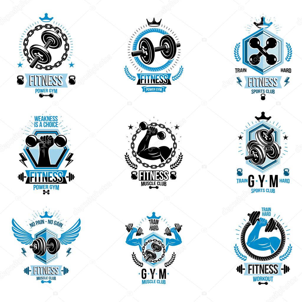 Vector power lifting theme emblems and motivational flyer templates collection made using dumbbells, kettle bells sport equipment and bodybuilder body silhouettes.