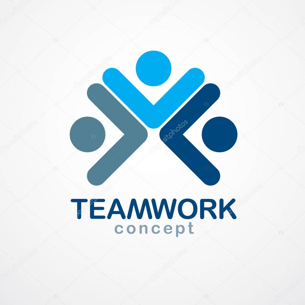 Teamwork and friendship concept created with simple geometric elements as a people crew. Vector icon or logo. Unity and collaboration idea, dream team of business people blue design.
