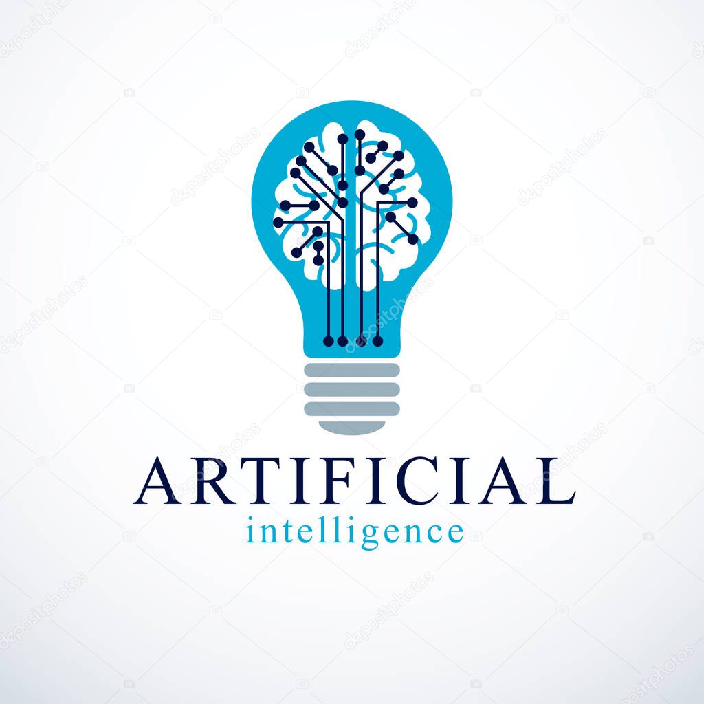 Artificial intelligence concept vector logo design. Human anatomical brain inside of light bulb with electronics technology elements icon. Smart software, futuristic idea.