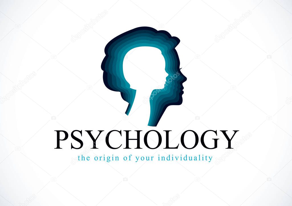 Psychology vector logo created with woman head profile and little child girl inside, inner child concept, origin of human individuality and psychic problems. Psychotherapy and psychoanalysis concept.