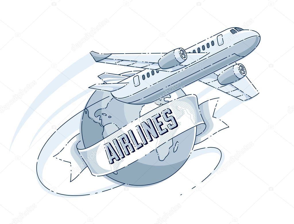 Airlines air travel emblem with planet earth and ribbon with typing. Beautiful thin line vector isolated over white background.