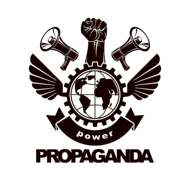 Vektör pazarlama afiş kaldırdı hoparlörler ile oluşan sıkılı yumruk, dünya gezegen ve Sanayi dişli. İç savaş soyut resim, sınırları kavramı yok. Sosyal mesaj gücü.