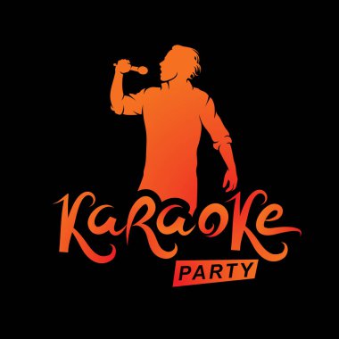 Mutlu adam mikrofon ile karaoke, canlı müzik konser vektör davet broşür söylüyor. Karaoke partisi yazma.