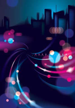 Soyut kentsel gece lambası bokeh arka plan defocused. Etkisi vektör güzel arka plan. Cityscape, binalar siluetleri manzarası ile renkli koyu arka plan bulanıklık.