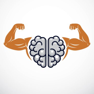 Güç Beyni amblemi, dahice bir kavram. İnsan anatomik beyninin taşıyıcı tasarımı. Güçlü vücut geliştirici elleri var. Beyin eğitimi, IQ 'su, akıl sağlığı.