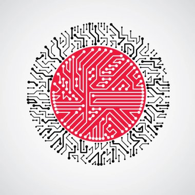 Teknoloji aygıt elektronik bileşenleri ile yuvarlak devre kartı. Bilgisayar anakart sibernetik vektör soyutlama.