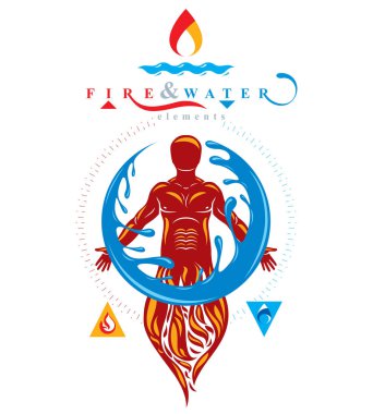 İnsan ayakta, efsanevi eski Tanrı vektör Illustration. Bir su topu, su ve yangın çeşitlilik ve uyum çevrili Prometheus.