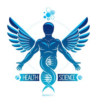 Vektör çizim Dna sembolü devamı olarak tasvir ve kuş kanatları ile oluşturulan güçlü erkek. Moleküler genetik.