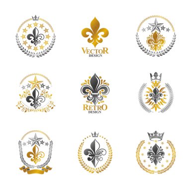 Kraliyet sembolleri, Lily Flowers amblemleri. Heraldik vektör tasarım elemanları koleksiyonu. Retro biçim etiketi, heraldry logosu.