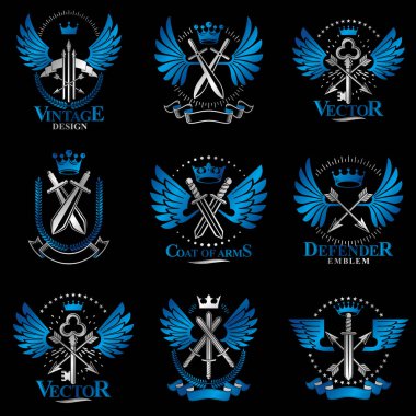 Vintage silah Amblemler ayarlayın. Hanedan işaretleri vintage öğeler koleksiyonu vektör.