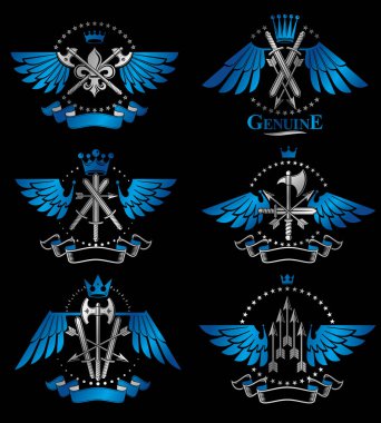 Vintage silah Amblemler ayarlayın. Hanedan arması dekoratif Amblemler koleksiyonu.