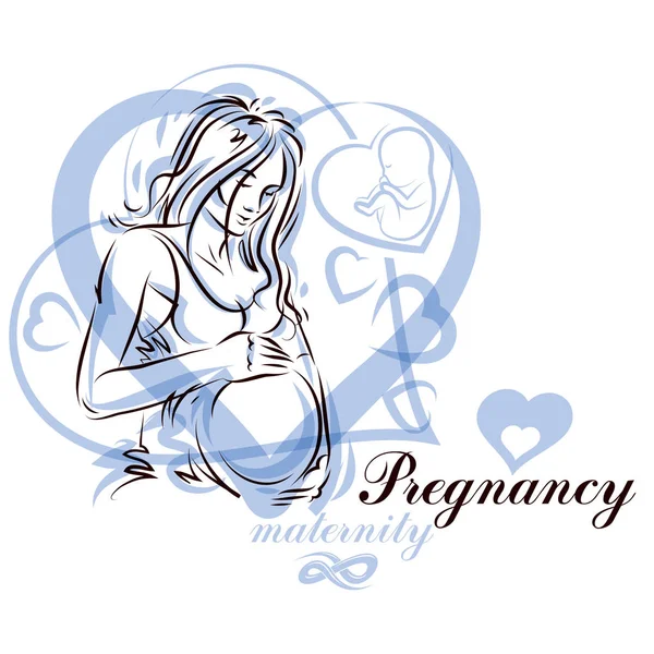 Vektor Handgezeichnete Illustration Der Schwangeren Eleganten Frau Die Ein Baby — Stockvektor