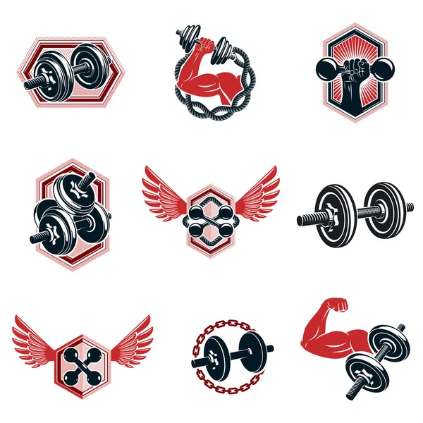 Vektör fitness egzersiz ve halter spor salonu Tema resimler kümesi dumbbells ile yapılan ve disk ağırlık elbiseler ve donatım. Kas atlet vücut siluet.