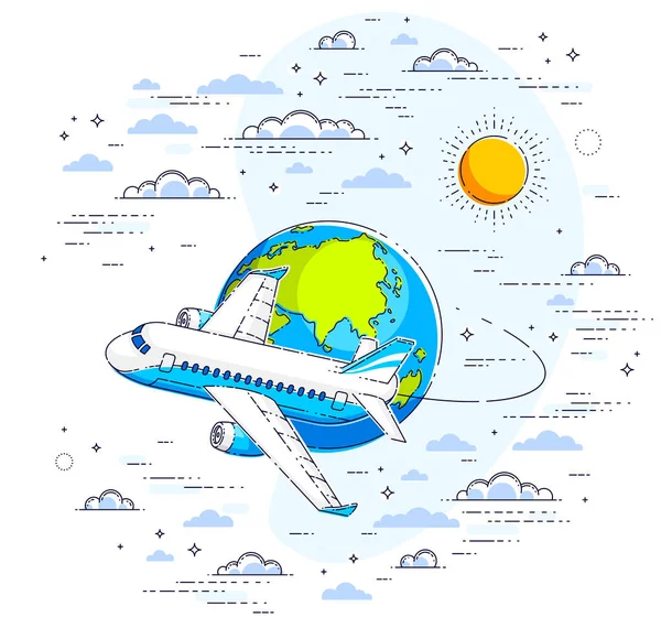 雲に囲まれた空の地球の惑星と飛行機の旅客機 航空会社の航空旅行のイラスト 白い背景の上に隔離された美しい細い線ベクトル — ストックベクタ