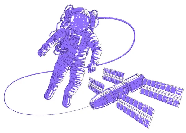 Spaceman Vliegen Open Ruimte Verbonden Met Het Ruimtestation Astronaut Man — Stockvector