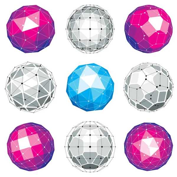 Set Vector Low Poly Spherical Objects Connected Lines Dots Geometric — Stock Vector