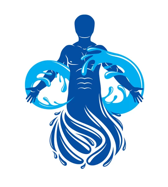 水の波から生み出された無限のシンボルで構成された筋肉人間 神秘的なポセイドンのベクトルグラフィックイラスト 人間と自然との継続的な調和 — ストックベクタ
