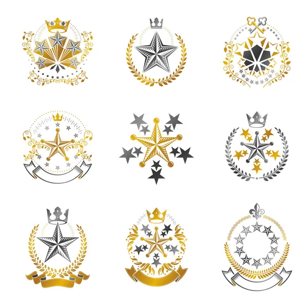 Pentagonal Stars Emblems Set Heraldic Coat Arms Vintage Vector Logos — Stock Vector