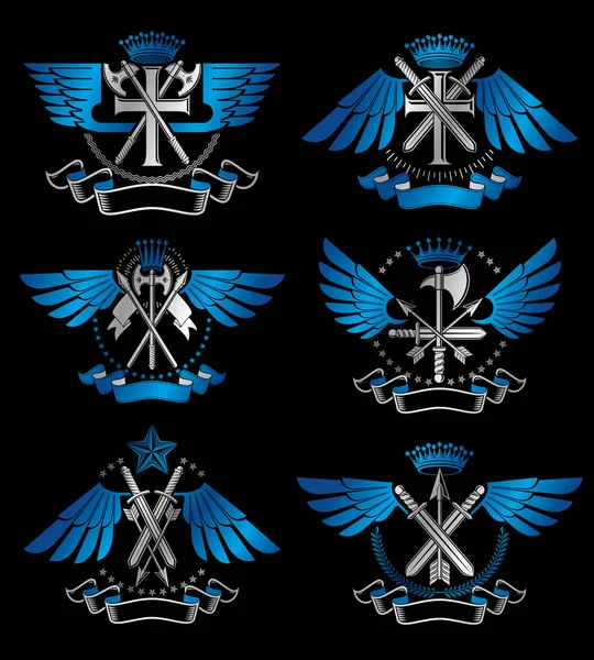 Vintage silah Amblemler ayarlayın. Hanedan arması dekoratif Amblemler koleksiyonu.