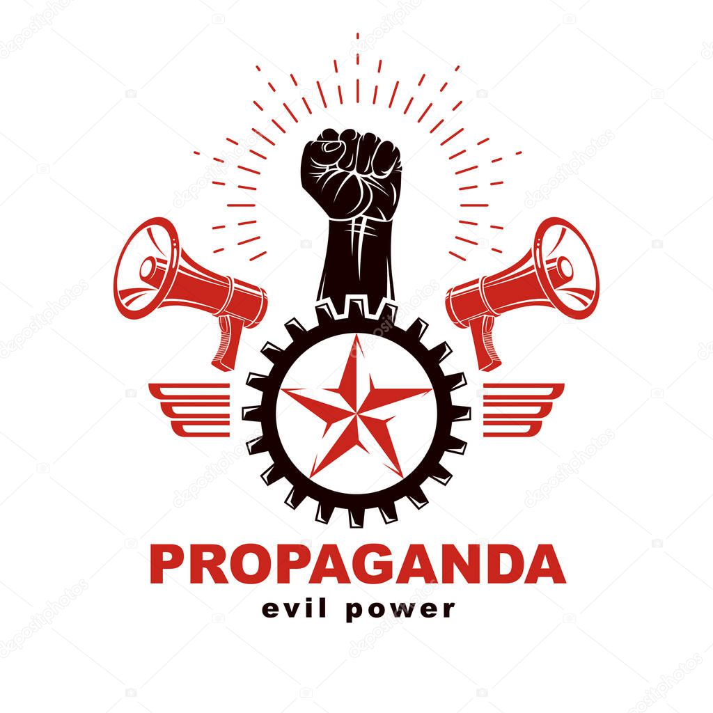 Vector emblem composed with strong raised clenched fist surrounded by cog wheel, freedom wings and loudspeakers. Proletarian leader abstract symbol.