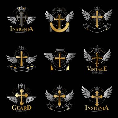 Haçlar Hıristiyanlık din Amblemler ayarlayın. Hanedan arması dekoratif logoları vektör çizimler toplama izole.