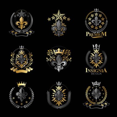 Lily çiçekler Royal sembolleri Amblemler ayarlayın. Hanedan arması dekoratif logoları vektör çizimler toplama izole.