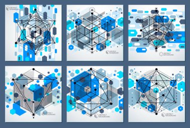 Modern izometrik vektör mavi arka ile geometrik öğe ayarlayın. Küpleri, altıgenler, kareler, dikdörtgenler ve farklı soyut öğeler düzenini. 