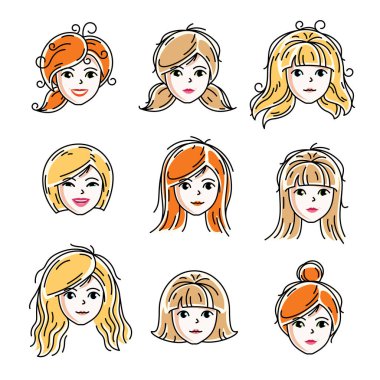 Kadın yüzleri, insan kafaları ayarlayın. Kızıl ve sarışın kadın, çekici bayanlar yüz özellikleri toplama gibi farklı vektör karakterler.