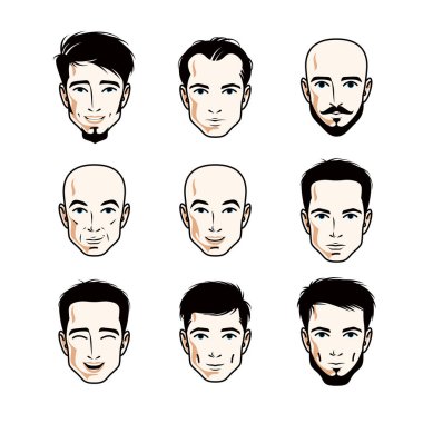 Beyaz erkekler topluluğu ifade farklı duygular, vektör insan kafa çizimler yüzler.