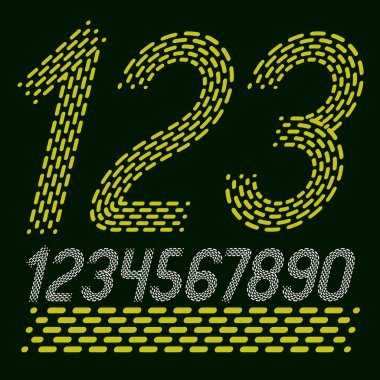 Vektör numaralarını, modern sayılar ayarlayın. Yuvarlak kalın italik Retro 0 9 numara logo oluşturma için kullanılabilir. Paralel kesik çizgiler ile yapılan.