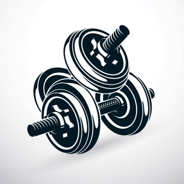 Dumbbell vektör çizim disk ağırlık ile oluşan beyaz izole. Eğitim spor donanımları, ağırlık kaldırma ve çapraz için uygun.