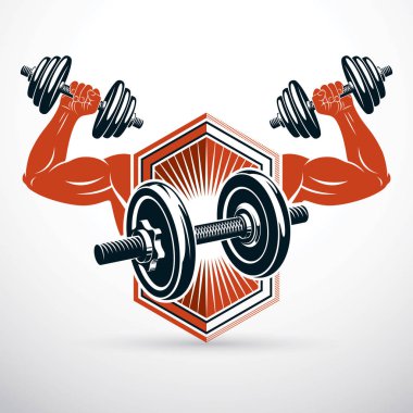 Vücut geliştirmeci kas kol dumbbell ve disk weught ile vektör Illustration. Kaldırma güç.