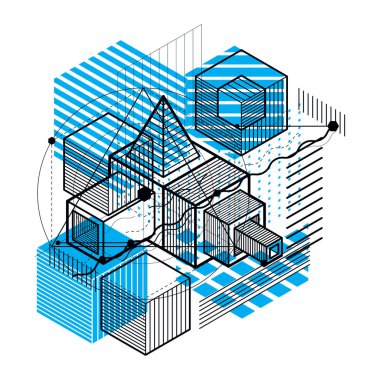 3B şekiller kompozisyon soyut, izometrik arka plan vektör. Kompozisyon küpleri, Altıgenler, kareler, dikdörtgenler ve farklı soyut öğeler.