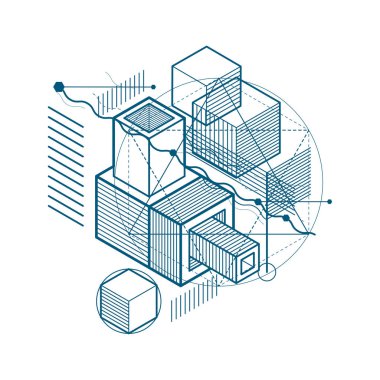 3B şekiller kompozisyon soyut, izometrik arka plan vektör. Kompozisyon küpleri, Altıgenler, kareler, dikdörtgenler ve farklı soyut öğeler.