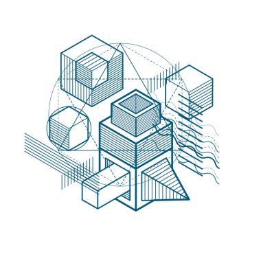 Soyut izometrik çizgiler ve şekiller ile vektör arka plan. Küpleri, Altıgenler, kareler, dikdörtgenler ve farklı soyut öğeler ile yapılan şablonu.