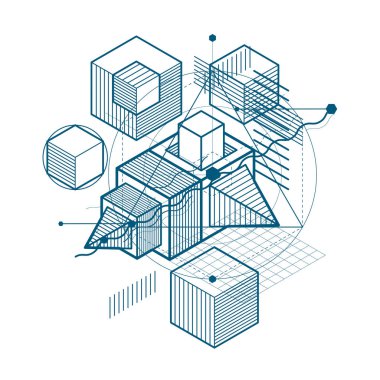 Çizgiler ve şekiller Özet vektör izometrik 3d arka plan. Küpleri, Altıgenler, kareler, dikdörtgenler ve farklı soyut öğeler düzenini.
