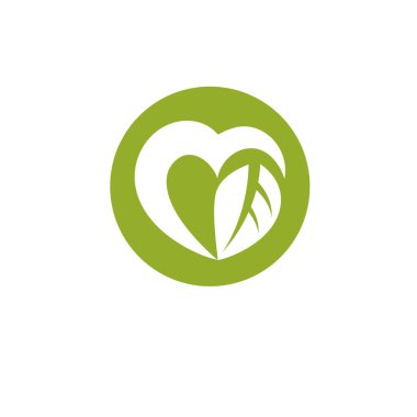 Vektör çizim kalp sevgi dolu yeşil yaprakları ile süslenmiş. Fitoterapi metafor, vektör grafik amblemi.