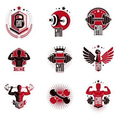 Spor salonu Halter ve fitness Spor Kulübü logoları, retro stilize vektör amblem veya rozetleri ayarla.