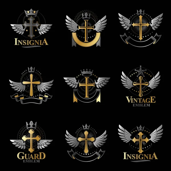 Haçlar Hıristiyanlık din Amblemler ayarlayın. Hanedan arması dekoratif logoları vektör çizimler toplama izole.