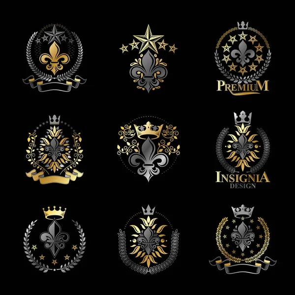 Lily Flowers Royal Symbols Emblems Set Heraldic Coat Arms Decorative — Stock Vector