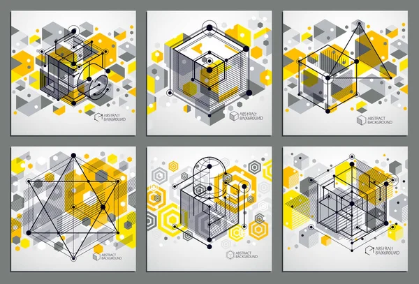 Vector Abstract Yellow Backgrounds Set Created Isometric Mesh Lines Style — Stock Vector